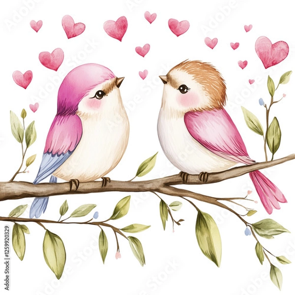 Fototapeta A pair of love birds sitting on a branch with tiny hearts floating around