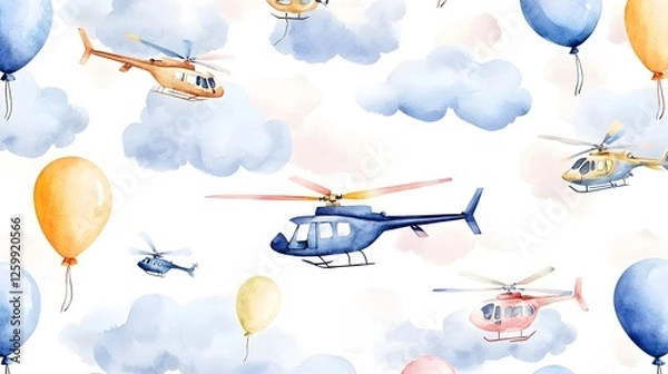 Fototapeta Watercolor pattern showcases helicopters and balloons floating in the sky