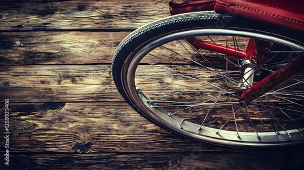 Obraz Red Wheelchair Wheel on Rustic Wooden Floor