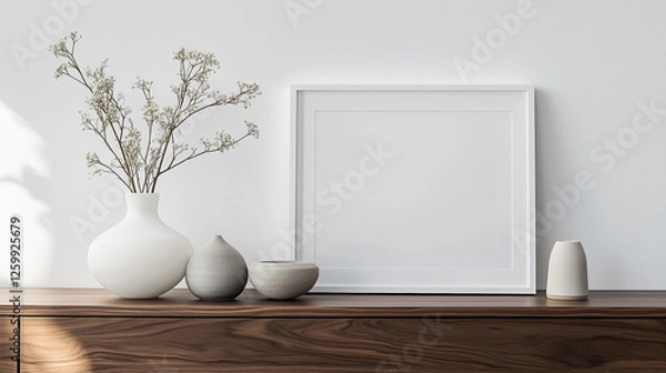 Fototapeta Exquisite close-up of a white-framed image on dark wood, ideal for decor inspiration.