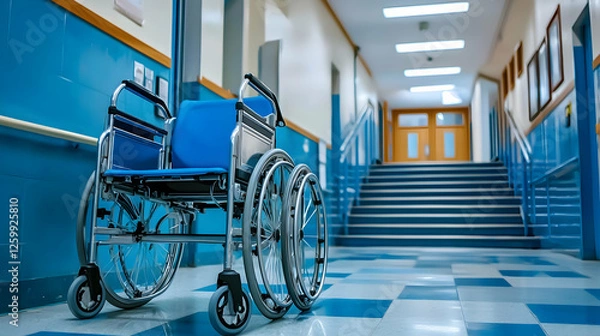 Obraz Empty Wheelchair in a Hospital Corridor
