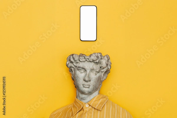 Obraz bust statue representing antiquity, with its head replaced by a smartphone, symbolizing the modern addiction to social media and technology