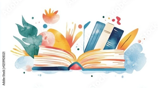 Fototapeta Read books. Vector art line education template on transparent background for library, lesson at school, lecture design, education day. Minimal graphic illustration. Editable stroke