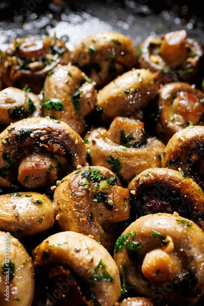 Obraz Sautéed garlic butter mushrooms with parsley and black pepper, focus on mushroom in the middle, close-up view