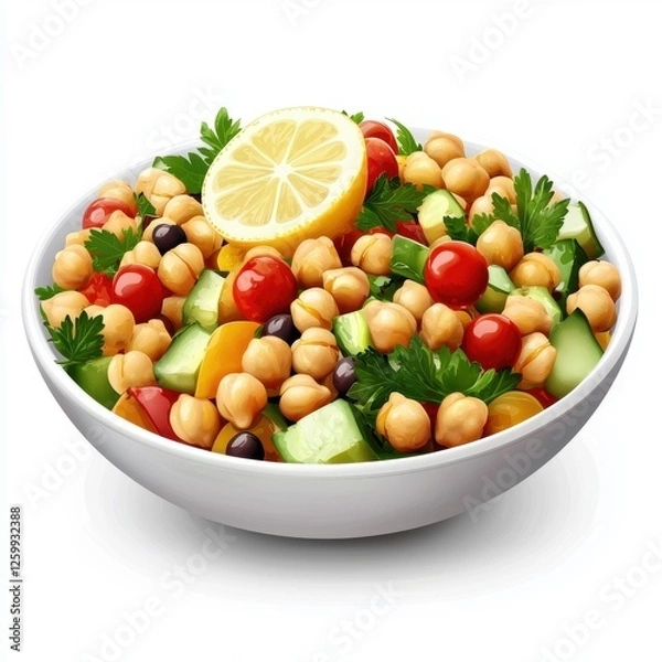 Fototapeta Chickpea Salad with lemon dressing, isolated on white
