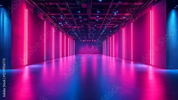 Obraz Close up Illuminated stage with scenic lights and smoke. Blue purple spotlight with smoke volume light effect on dark background. Realistic modern 3d empty minimal scene mockup design