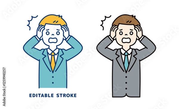 Fototapeta 頭を抱えてショックを受ける、若いビジネスマンのベクターイラスト素材＿線幅の編集可能
