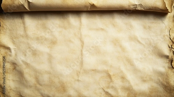 Fototapeta Blank parchment texture with subtle creases and folds, reminiscent of ancient manuscripts, providing ample room for text or illustrations, captured top-down with warm, diffused lighting