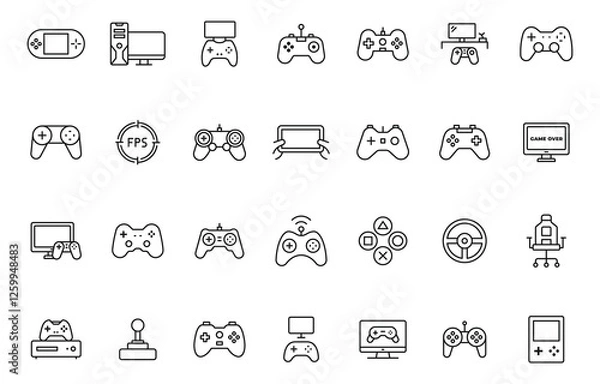 Obraz Gaming icon set. Game controller and console Line with stock illustration. Gamepads. Video game controller. Line with editable stroke stock illustration.
