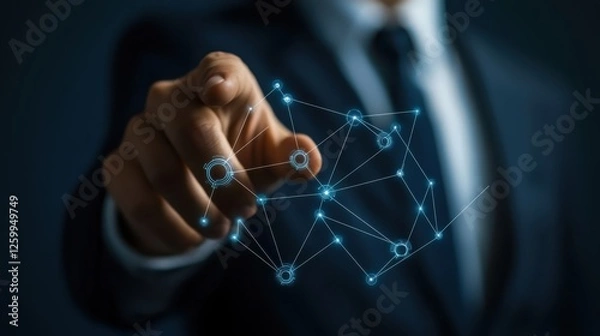 Fototapeta business professional interacting with digital network interface, showcasing technology and innovation. image conveys sense of leadership and modernity