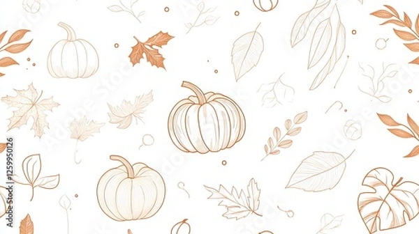 Obraz Elegant Autumn Seamless Pattern Pumpkins Leaves and Botanical Illustrations in Copper Tones