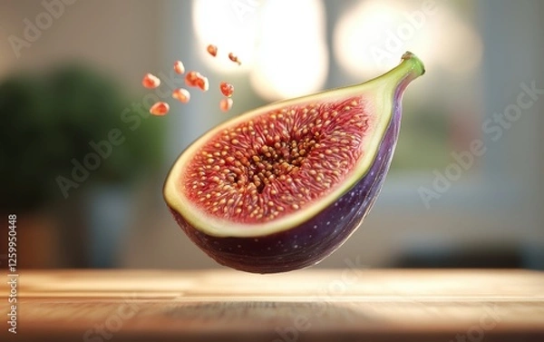 Fototapeta Fresh fig sliced open to reveal its juicy interior, floating over a softly blurred wooden cutting board