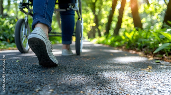 Obraz Peaceful Stroll: A Person in a Wheelchair Enjoying a Sunny Day in a Lush Green Park