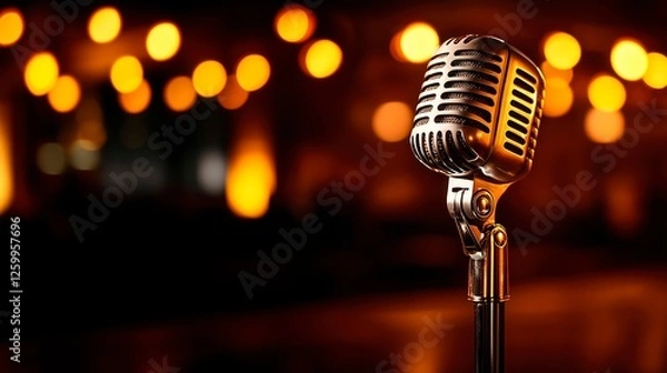 Obraz Vintage mic against a blurred background with bokeh lights, music advertisement photograph