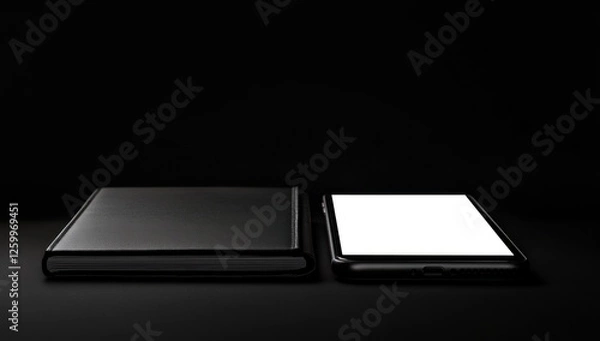 Fototapeta Black notebook and smartphone with blank screen on dark background.