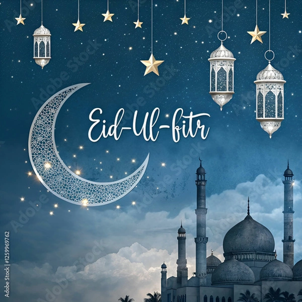 Fototapeta A deep blue and silver-toned composition featuring mosque for Eid