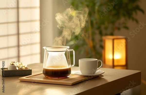 Fototapeta Elegant Drip Coffee Setup with Steam Rising in Warm Natural Lighting