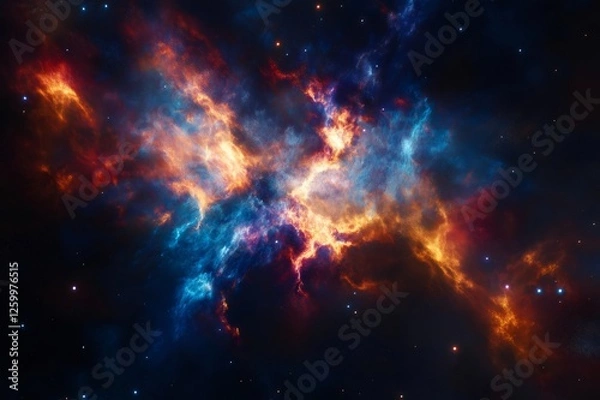 Fototapeta Stunning cosmic nebula showcasing vibrant blues and fiery oranges, creating a mesmerizing celestial display in deep space