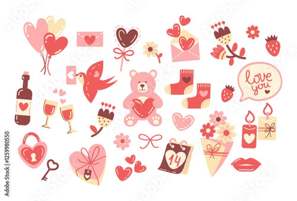 Obraz St valentines day elements. Love hearts, sweets, balloons, teddy bear and other romantic symbols. Vector illustration in flat style.