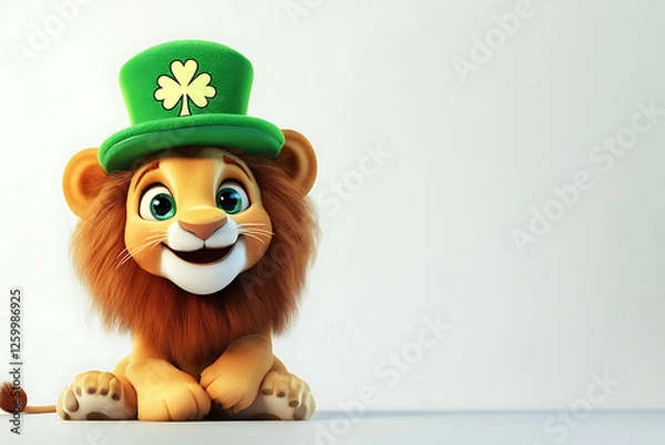 Obraz Cheerful cartoon lion wearing a green hat with a shamrock, set against a plain background