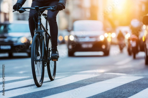 Fototapeta Cyclist commuting on a bicycle, navigating a busy urban street at sunset, weaving through traffic during the evening rush hour
