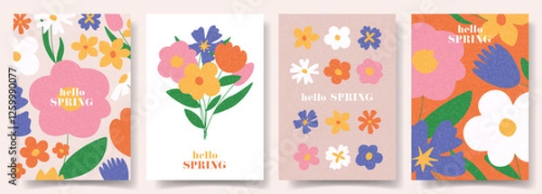 Obraz Hello Spring vector cards. Hand-drawn posters for decoration spring events, Mother's Day, Easter. Beautiful spring flyers with abstract flowers. Concept of trendy spring covers.