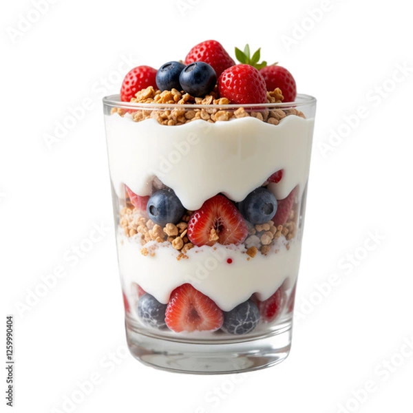 Obraz Glass of Mixed Berry Yogurt Parfait with Granola Topping Isolated on White Background, Fresh and Healthy Dairy Snack, Rich in Protein, Fiber, and Antioxidants
