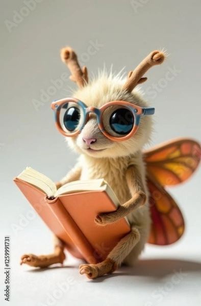 Fototapeta Toy plush moth in colored glasses reading a book. Trendy character, template for notebook, teenager's diary design