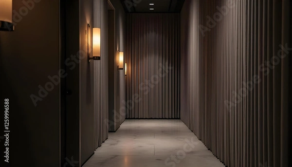 Fototapeta Modern hallway with mysterious mood featuring dim lighting against a sleek wall background