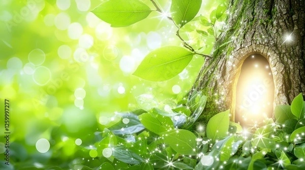 Fototapeta Magical Glowing Tree Hollow in Enchanted Forest Nature Scene Dreamlike Light Serene Environment Close-up Perspective