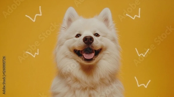 Fototapeta A fluffy, smiling Samoyed dog stands against a bright yellow background, radiating joy and friendliness.