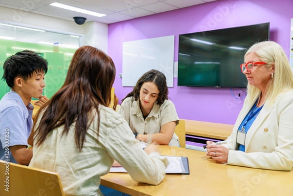 Obraz 外国人講師から勉強を教えてもらう学生