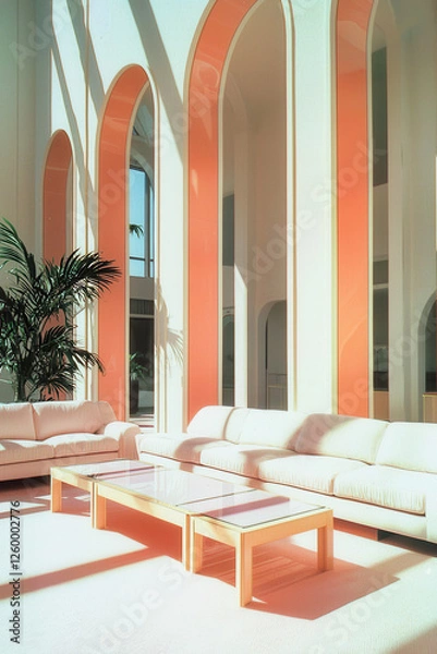 Fototapeta Explore the Serenity of Modern Interior Design with Elegant Furniture and Natural Light in a Spacious, Colorful Living Room