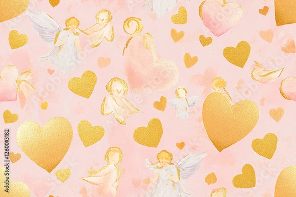 Fototapeta Delicate pattern with angels and hearts in pink and gold shades for postcard design, textures, patterns