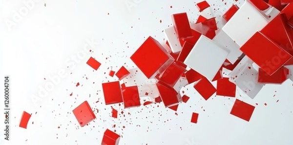 Fototapeta A dynamic composition of red and white cubes floats midair