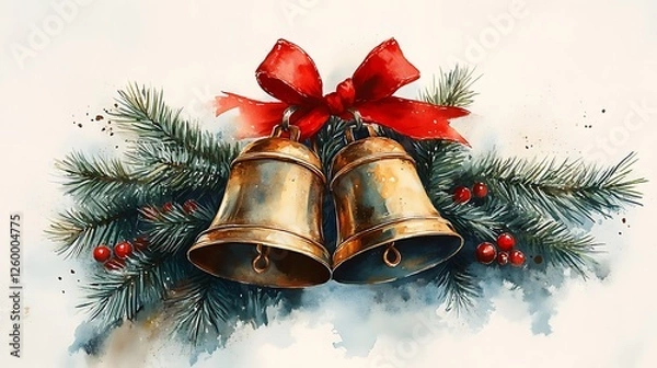 Fototapeta Red and Gold Christmas Bells Hanging from Snowy Pine Branches