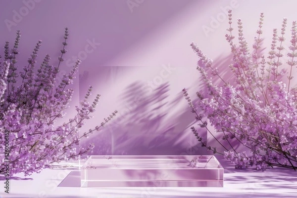 Fototapeta Elegant transparent glass display pedestal surrounded by blooming lavender flowers. Soft sunlight casts delicate floral shadows, creating a dreamy and sophisticated ambiance