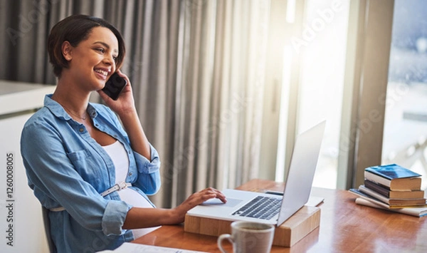 Fototapeta Woman, phone call and laptop for remote work in home, part time freelancer and online for copywriting. Research, business discussion and prepare clients for maternity leave, pregnant and planning