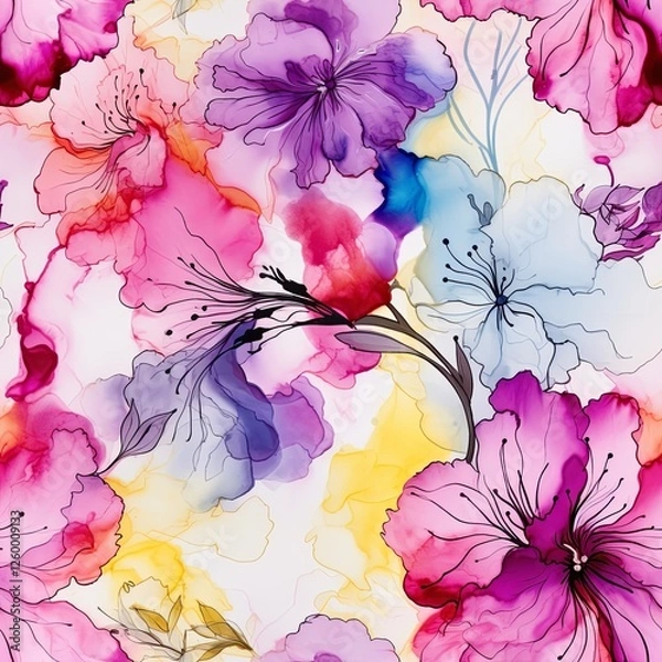 Obraz Seamless Floral Alcohol Ink Pattern, Spring Flower Illustration, Floral Background, Flower Pattern. For covers, wallpapers, branding, greeting cards and invitations
