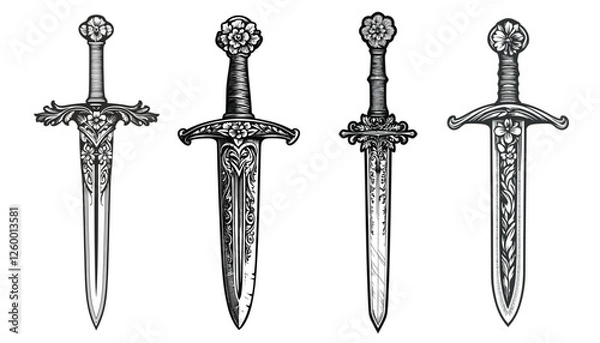 Obraz Ornate Medieval Swords with Floral Engravings and Decorative Handles