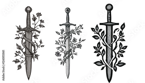 Obraz Swords Wrapped in Vines Depicting Nature, Strength, and Growth