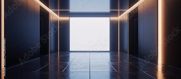 Fototapeta Contemporary empty office space with a blank computer screen illuminated by soft side lighting showcasing sleek black walls and smooth flooring.