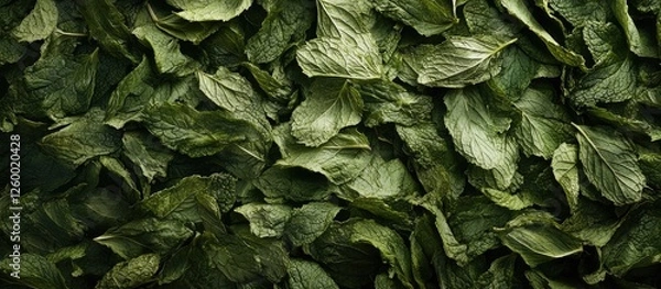 Fototapeta Fresh and dried mint leaves displayed in a layered aerial view featuring vibrant green textures and intricate details of their surfaces.