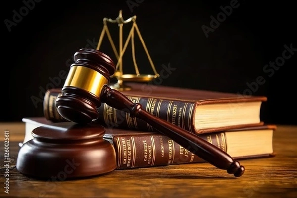 Fototapeta Law concept: Wooden gavel, legal books, golden scale on the table, with stately background. Symbol of justice and authority.