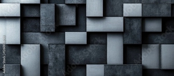 Fototapeta Abstract textured background of dark gray and metallic silver rectangular blocks arranged in a geometric pattern with subtle shadows and highlights.