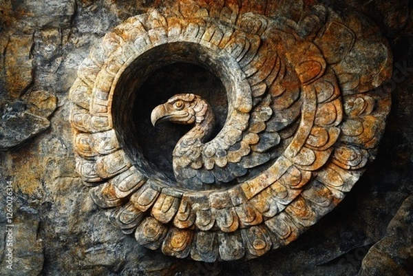 Fototapeta Intricately carved eagle sculpture embedded in rocky wall showcases artistic craftsmanship and design