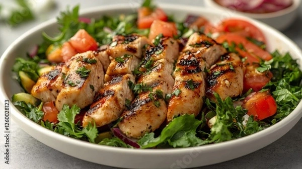 Fototapeta Grilled chicken breast salad with tomatoes, cucumbers, and fresh herbs