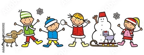 Obraz children and snowman, vector icon