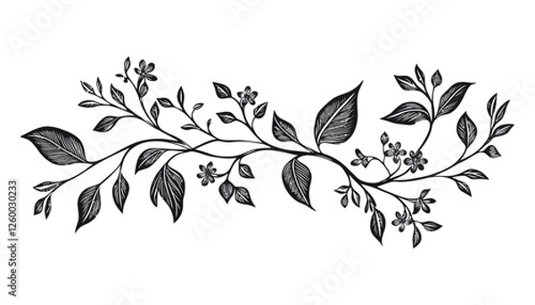 Fototapeta Ornate Botanical Branch with Leaves and Flowers in Hand-Drawn Vintage Style