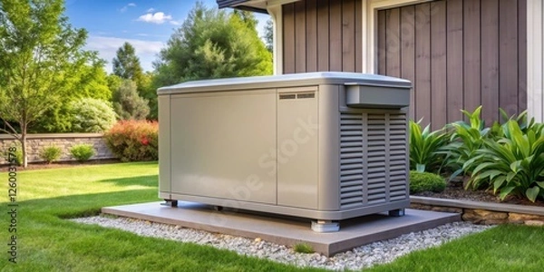Fototapeta A standby generator installed in the backyard of a house with a metallic housing and a silent operation mode, outdoor equipment, generator installation